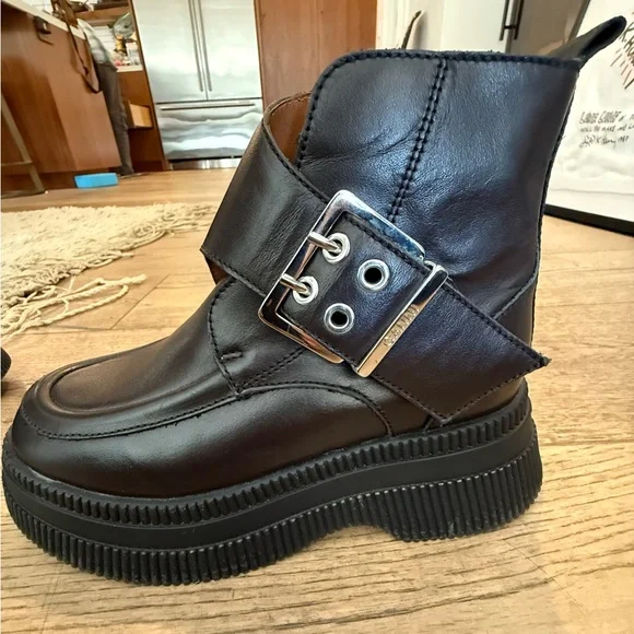 Ganni Chocolate Brown Buckle Boots w/ Black Sole - Picture 4 of 7